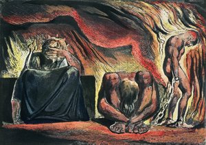 Jerusalem Die Emanation des Riesen Albion; Platte 51 Vala, Hyle und Skofeld, zeigt die gekrönte Vala (das gefallene Jerusalem) in Verzweiflung mit zwei ihrer Gefolgsleute: Hyle (darstellend William H von William Blake